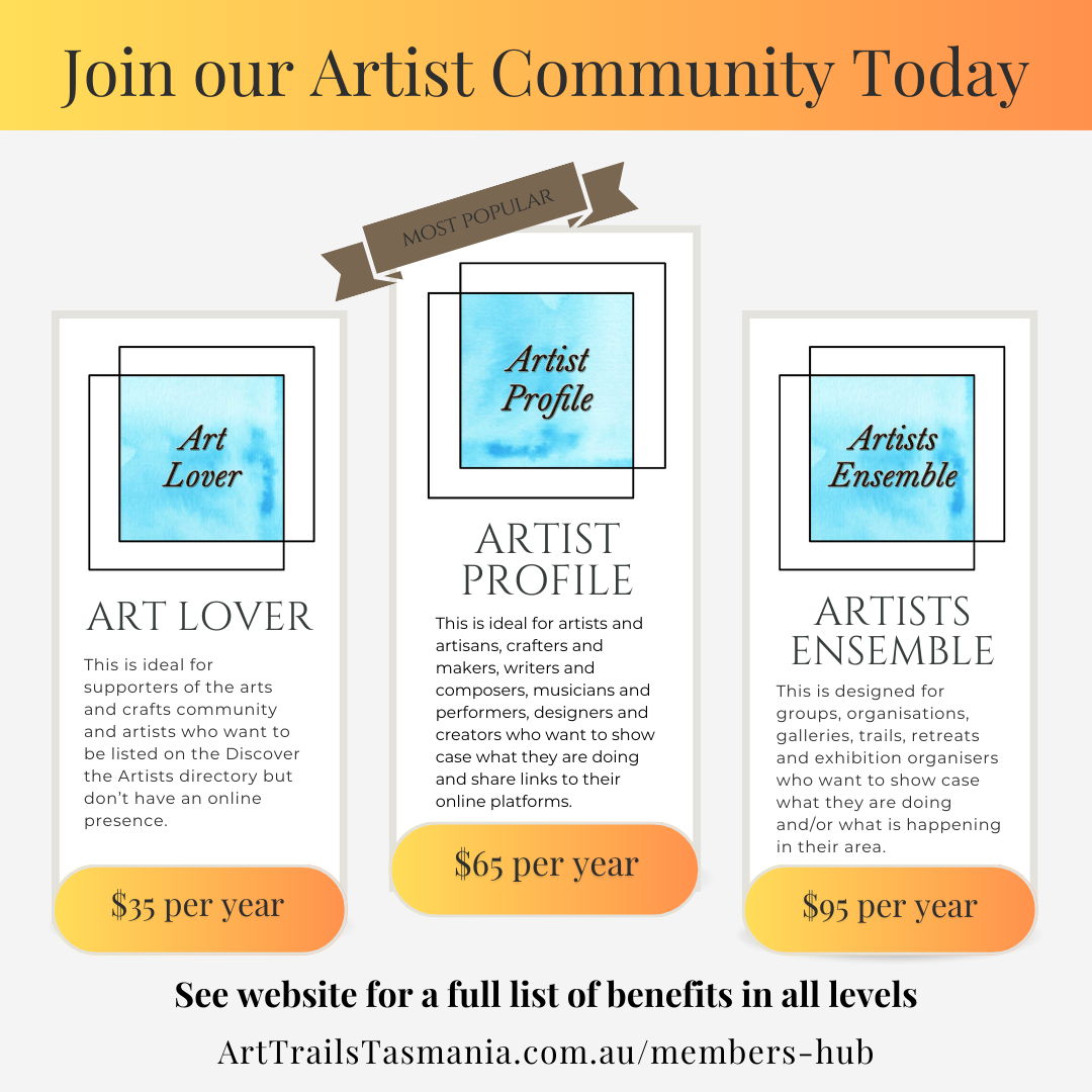 Image shows the different levels of membership available with Art Trails Tasmania with the text reading Join our Artist Community Today, Art Lover, with it's details, Artist Profile, with its details and Artists Ensemble with its details.