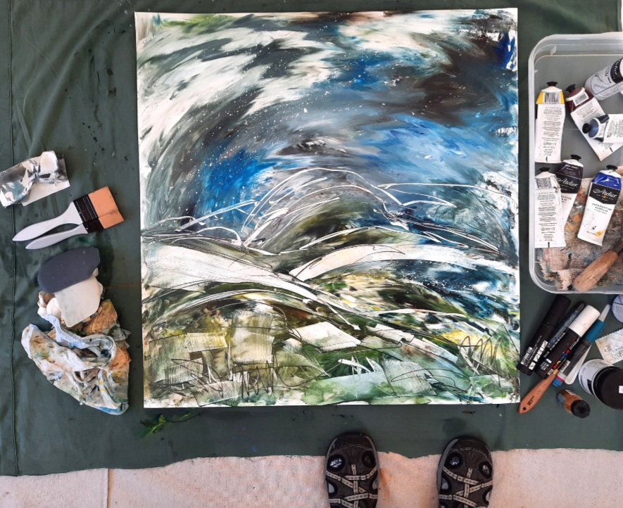 Behind the scenes view of Wendy Galloway works in process in her Art Trails Tasmania Artist Profile story