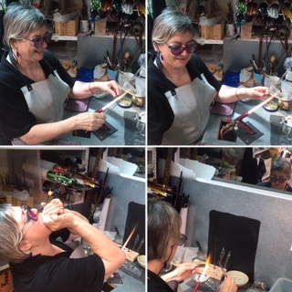 Four views of Helene Boyer working in her glass studio for her Artist Profile with Art Trails Tasmania