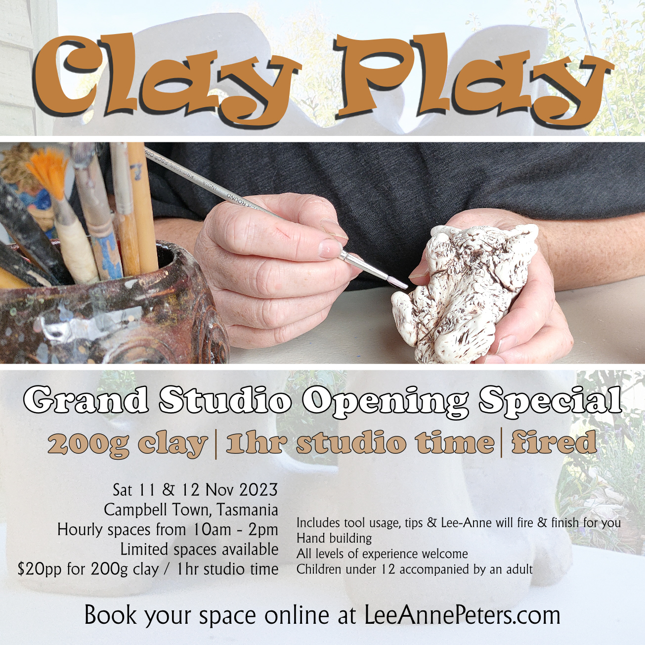 Image shows a ceramic animal being crafted with the text Clay Play for Event News Grand Studio Opening at Lee-Anne Peters Ceramics Art Trails Tasmania