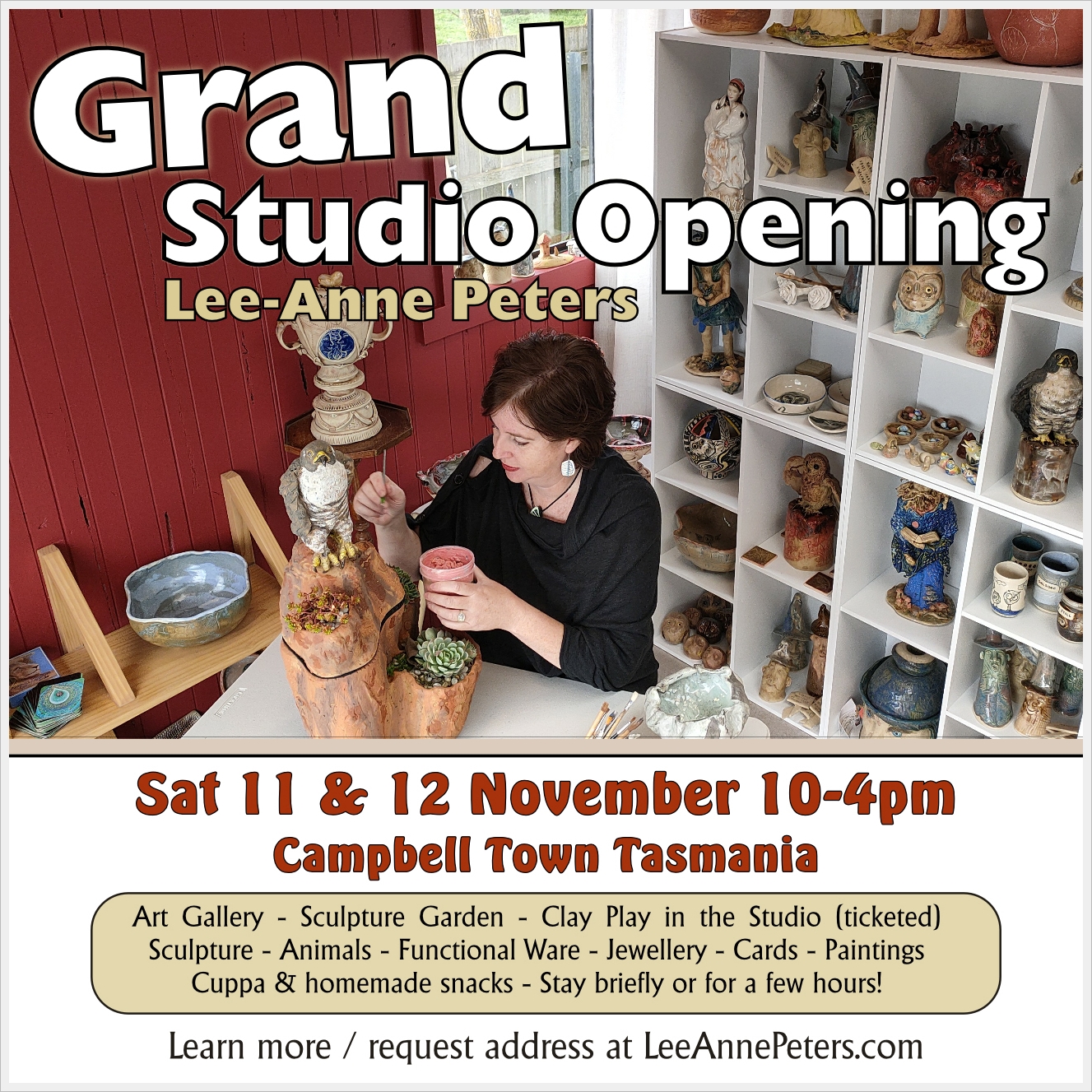 Image shows a wall shelving unit displaying beautifully crafted ceramic sculptures, Lee Anne Peters working on finishing a ceramic sculpture with the text Event News Grand Studio Opening at Lee-Anne Peters Ceramics Art Trails Tasmania