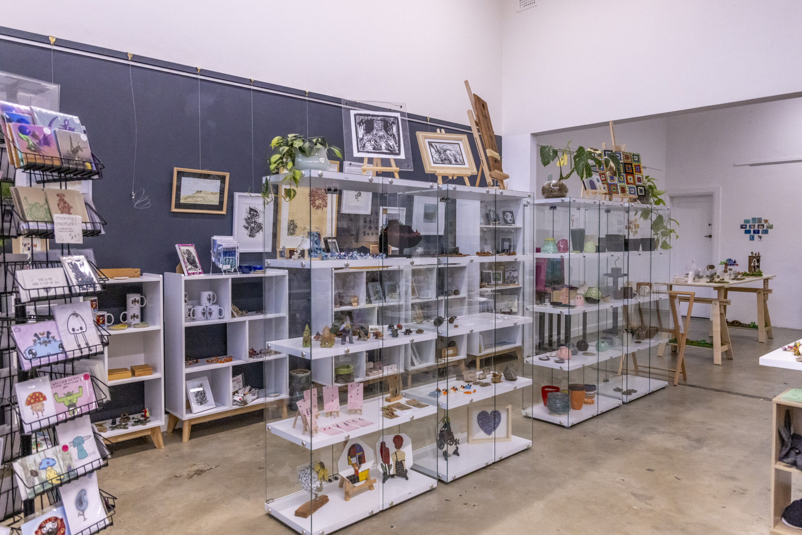 Image of the wonderful Artosaurus gallery shop space as part of their Artist Profile with Art Trails Tasmania