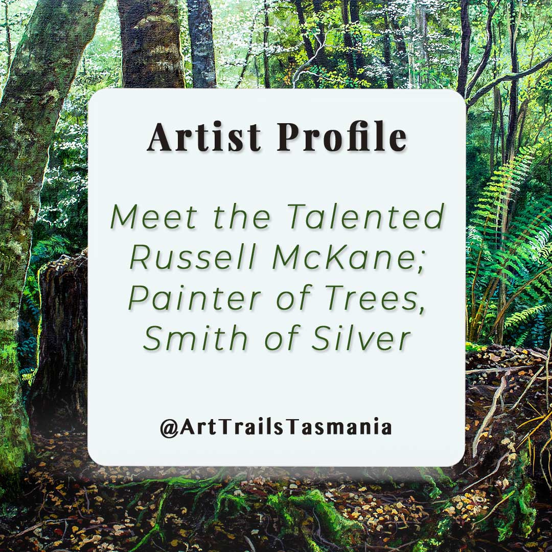 Image with a background of banksia seedpod and flower in black and white with a text square saying A love for recreating nature and sharing skills with Lynda Young Artist Profile with Art Trails Tasmania
