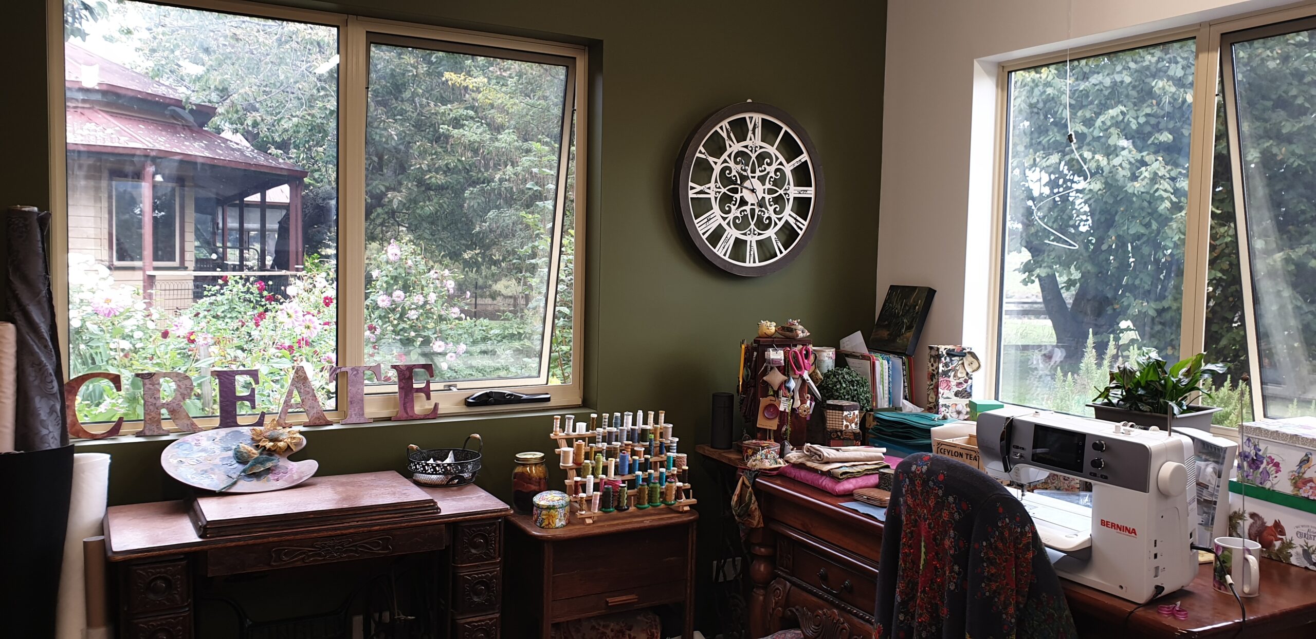 Image shows studio corner for Cindy Thompson for her Artist Profile with Art Trails Tasmania
