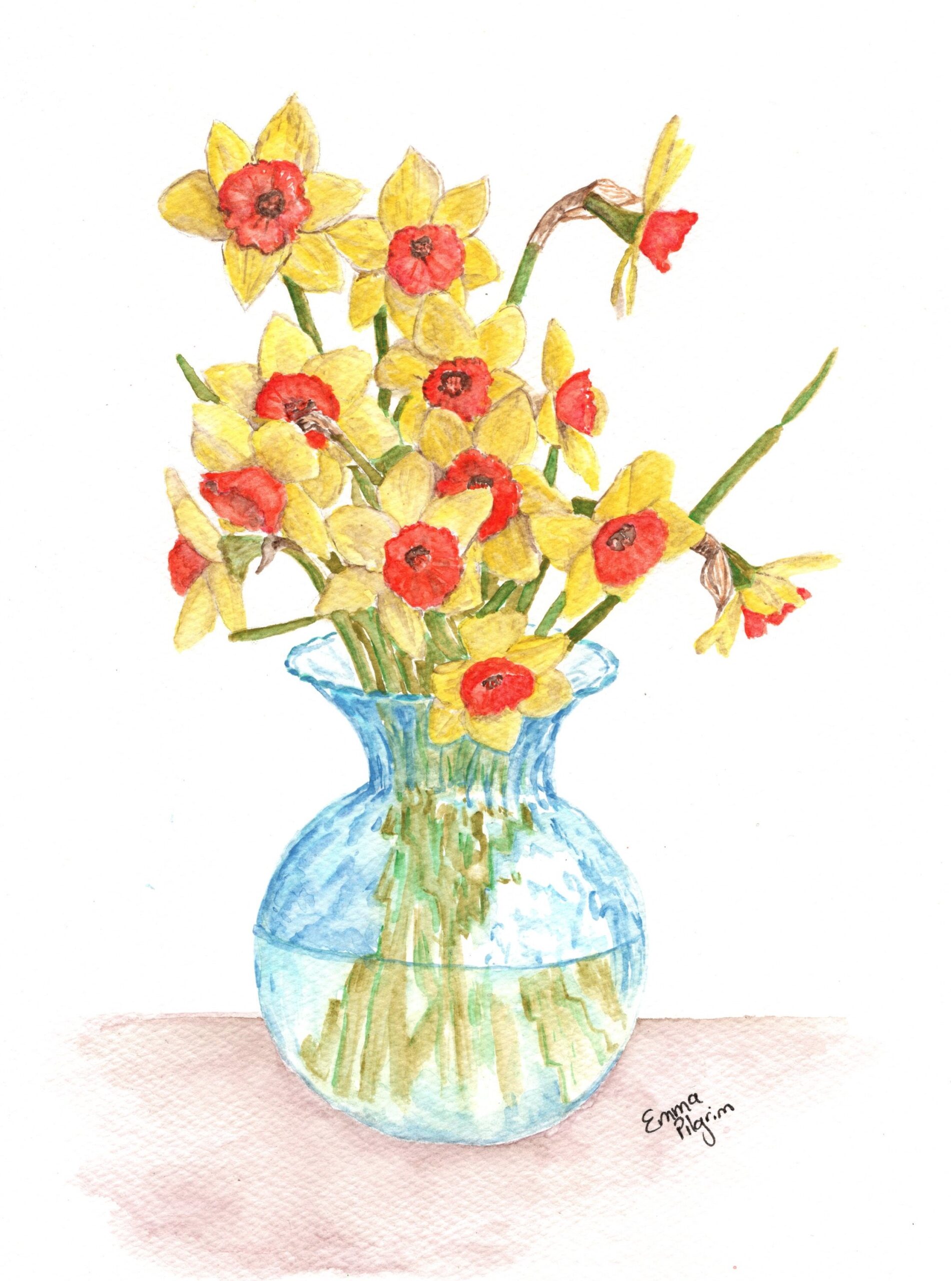 Images shows a watercolour painting of daffodils in a vase Image by artist Emma Pilgrim in her Artist Profile story with Art Trails Tasmania