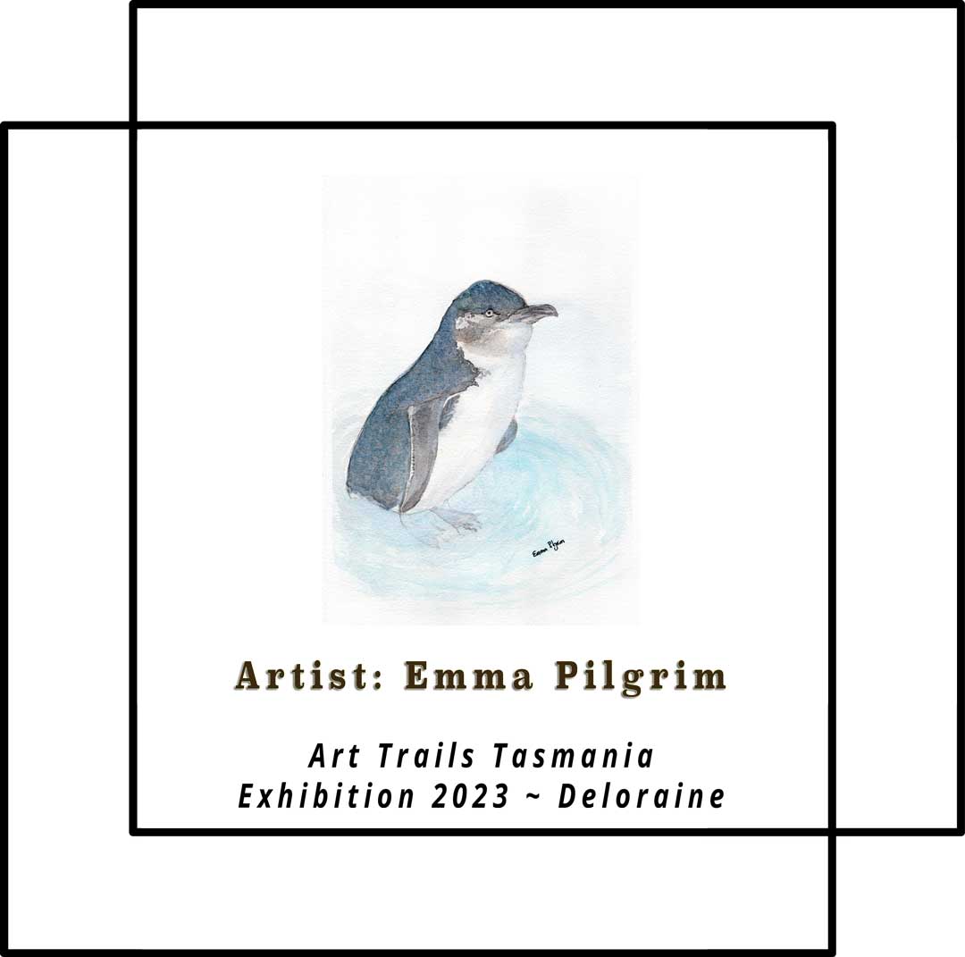 Image shows watercolour painting of a penguin by artist Emma Pilgrim in her entry in the Art Trails Tasmania Art Exhibition