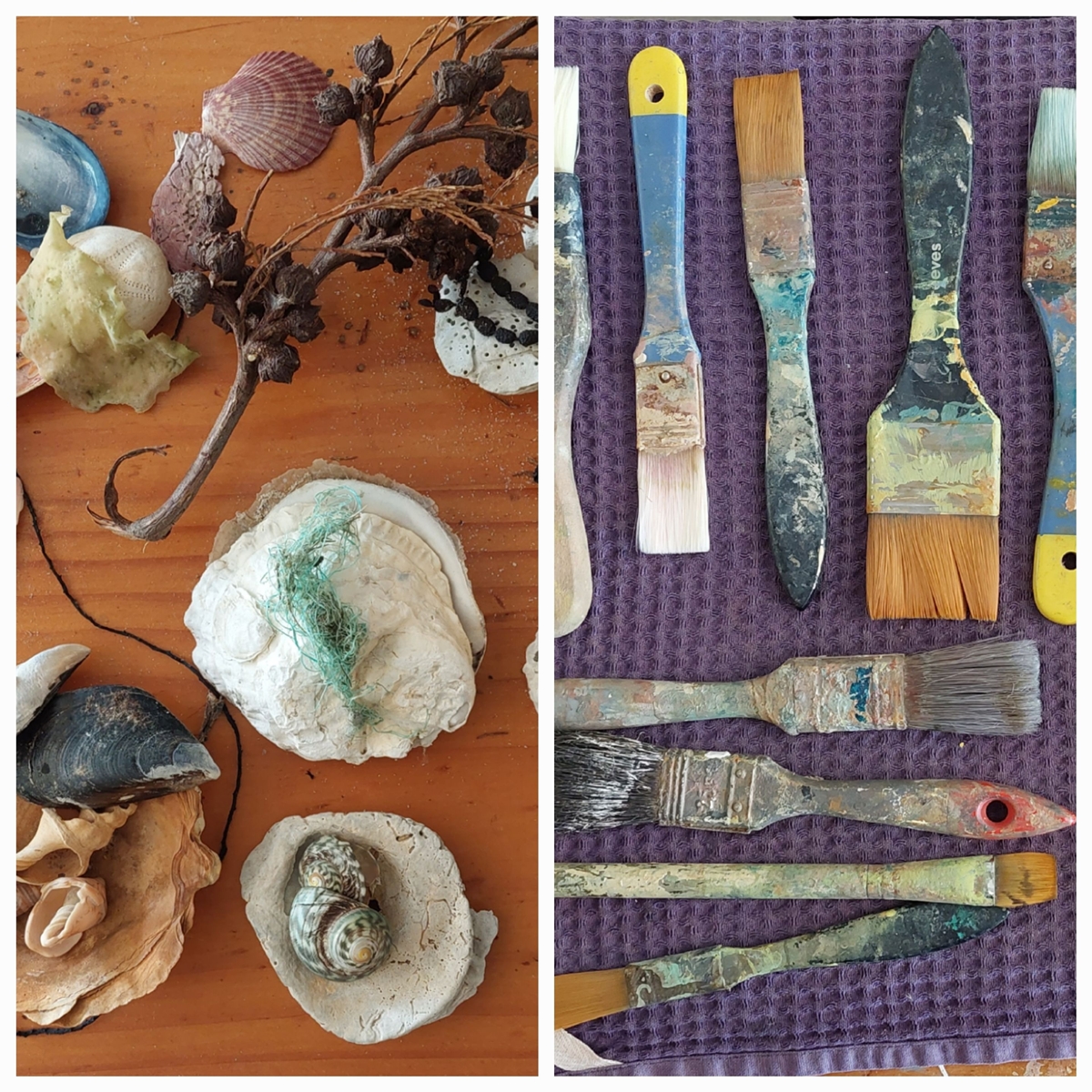 Image shows painting tools for Bruny Island artist Sarah L Stewart in her Artist Profile Story for Art Trails Tasmania