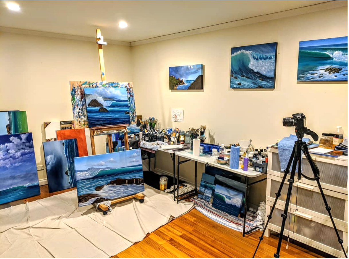 Image shows the working studio of artist Steve Myers in his Artist Profile story with Art Trails Tasmania