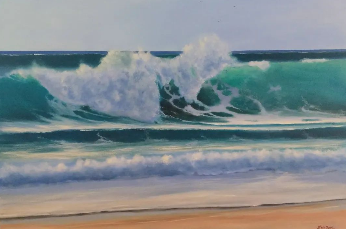Image shows an oil painting of waves crashing on rocks by artist Steve Myers in his Artist Profile story with Art Trails Tasmania