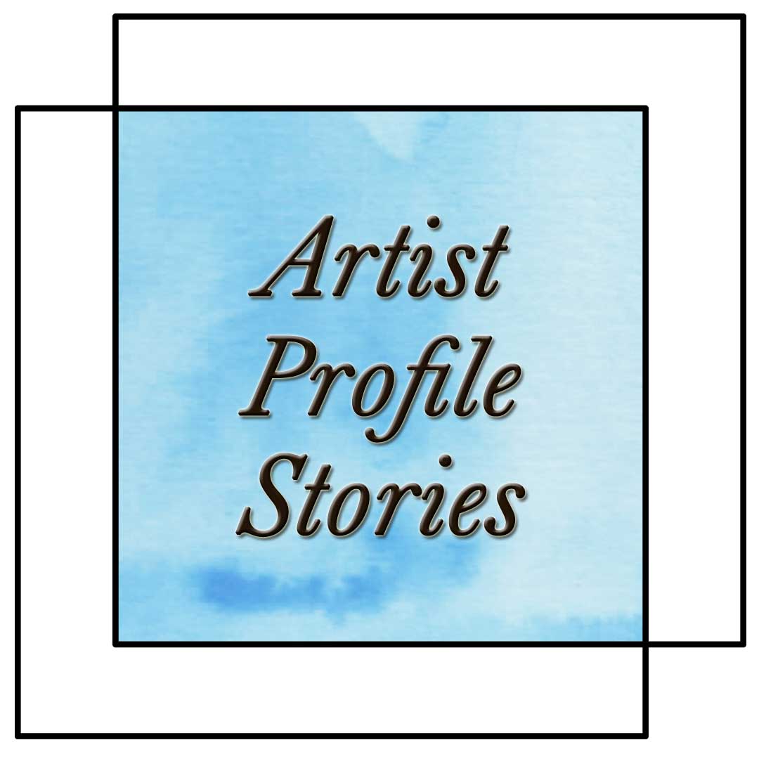 Image shows a background of a blue watercolour wash with the text reading Artist Profile Stories, these are the stories of Art Trails Tasmania members.<br />
