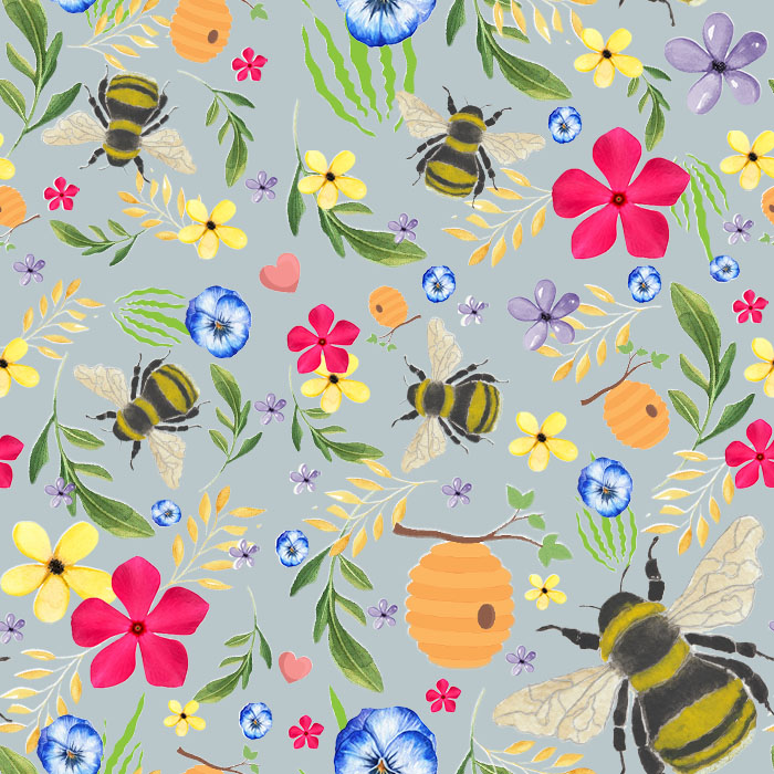Image shows a background of a watercolour fabric print featuring bees for the Artist Profile of Amanda Grubb with Art Trails Tasmania