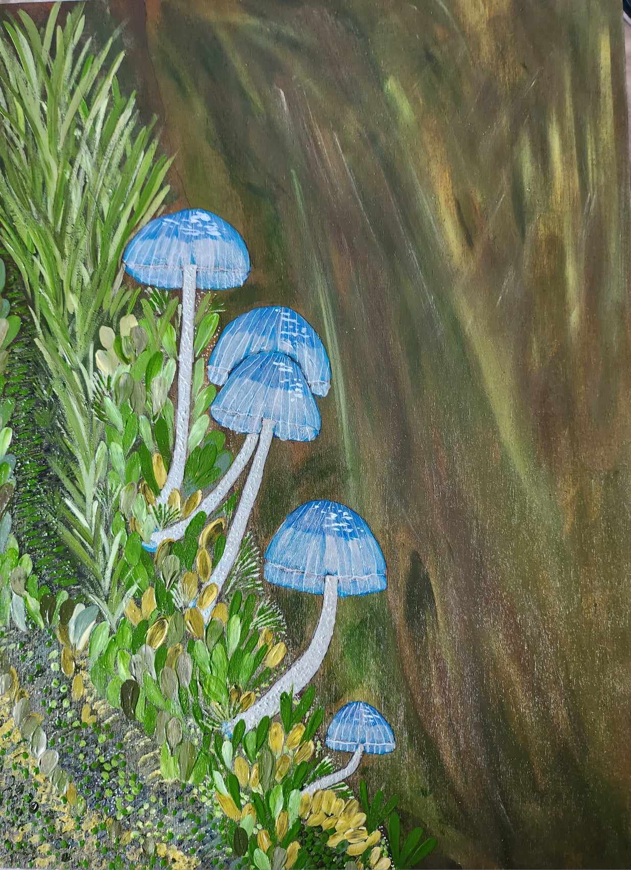 Image shows fungi growing watercolour painting for the Artist Profile of Amanda Grubb with Art Trails Tasmania
