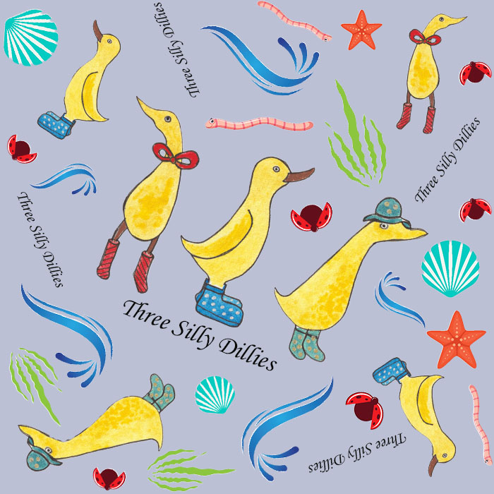 Image shows a background of a watercolour fabric print featuring ducks for the Artist Profile of Amanda Grubb with Art Trails Tasmania