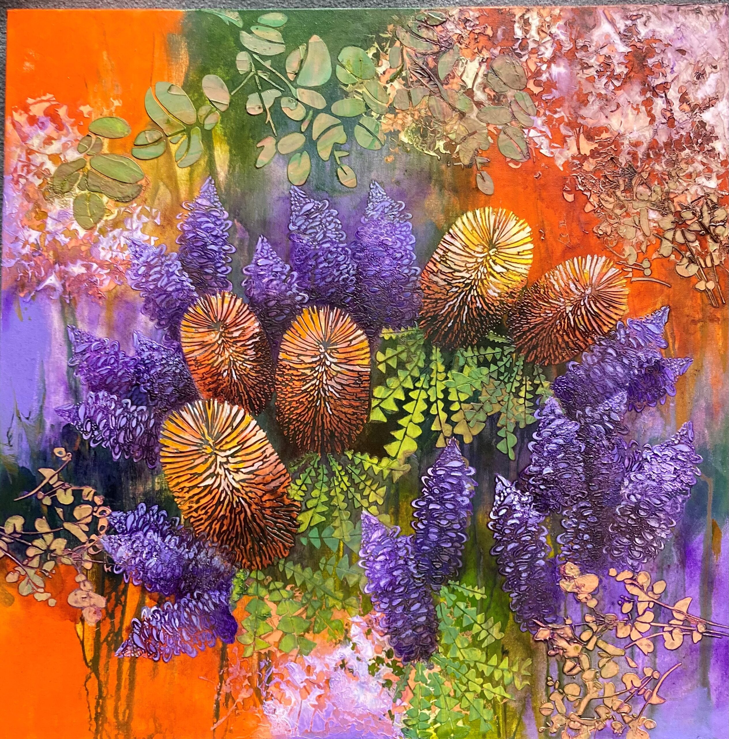 Image shows an abstract painting of banksia flowers for the Exhibition News Unveiling Imagine The Launceston Art Society's Premier Exhibition Art Trails Tasmania