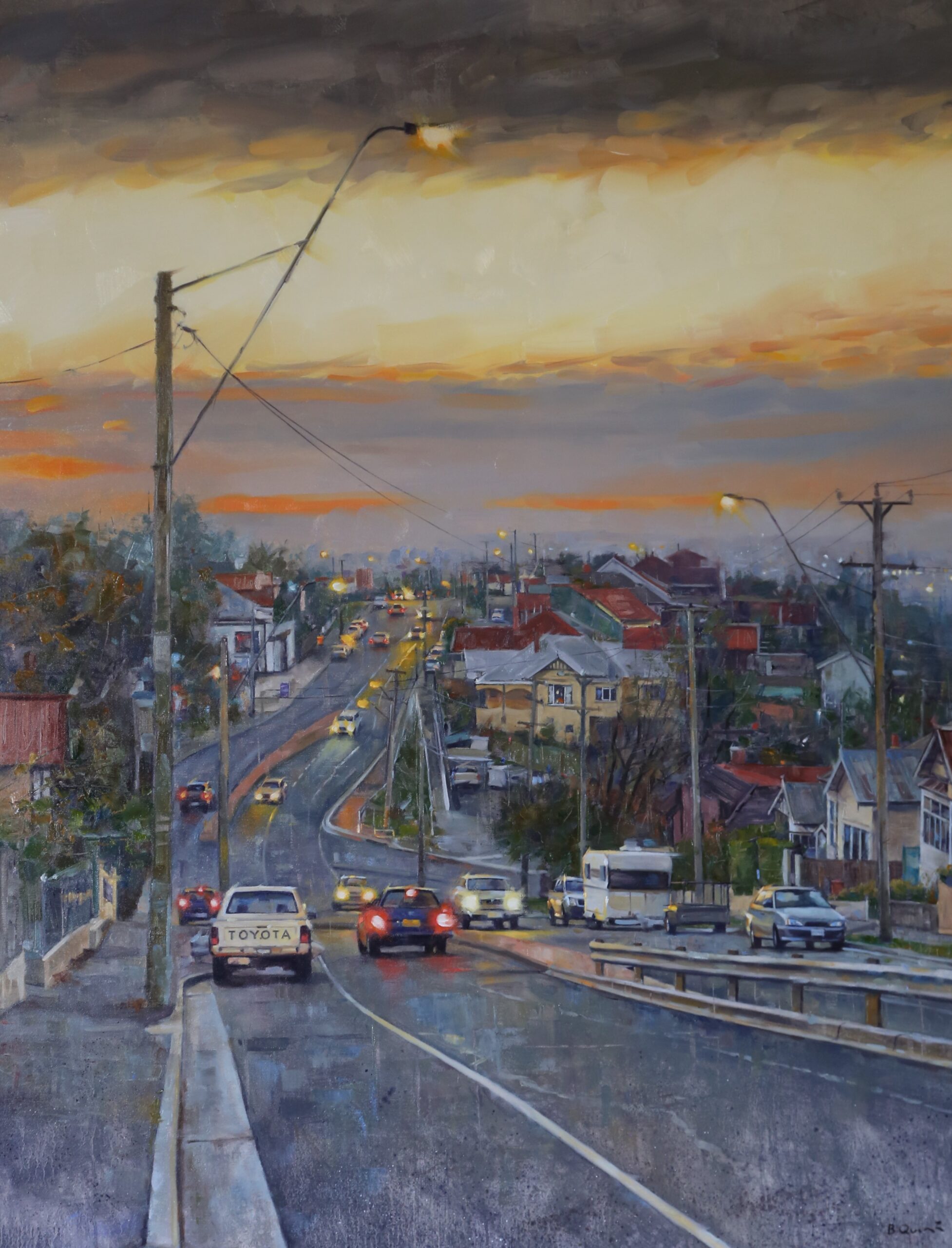 Image shows an oil painting of a street scene at last light painting for the Exhibition News Unveiling Imagine The Launceston Art Society's Premier Exhibition Art Trails Tasmania