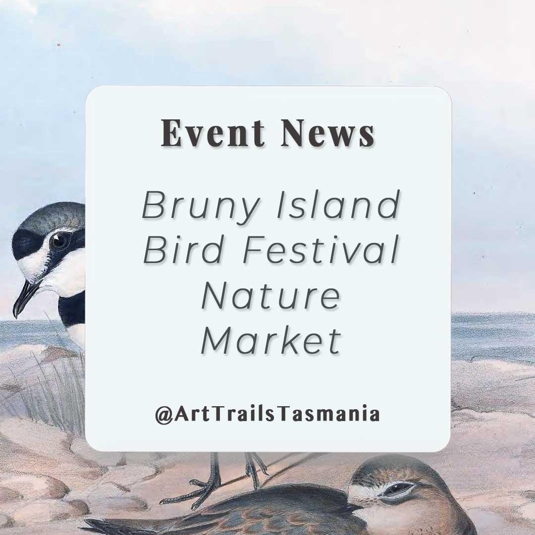 Image shows a background of an Elizabeth Gould plover with the text reading Event News Bruny Island Bird Festival Nature Market Art Trails Tasmania