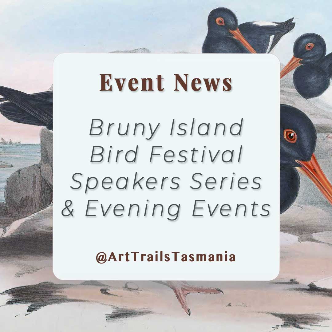 Image has a background of pied oystercatchers painting by Elizabeth Gould with the text reading Bruny Island Bird Festival Speakers Series and Evening Events Art Trails Tasmania