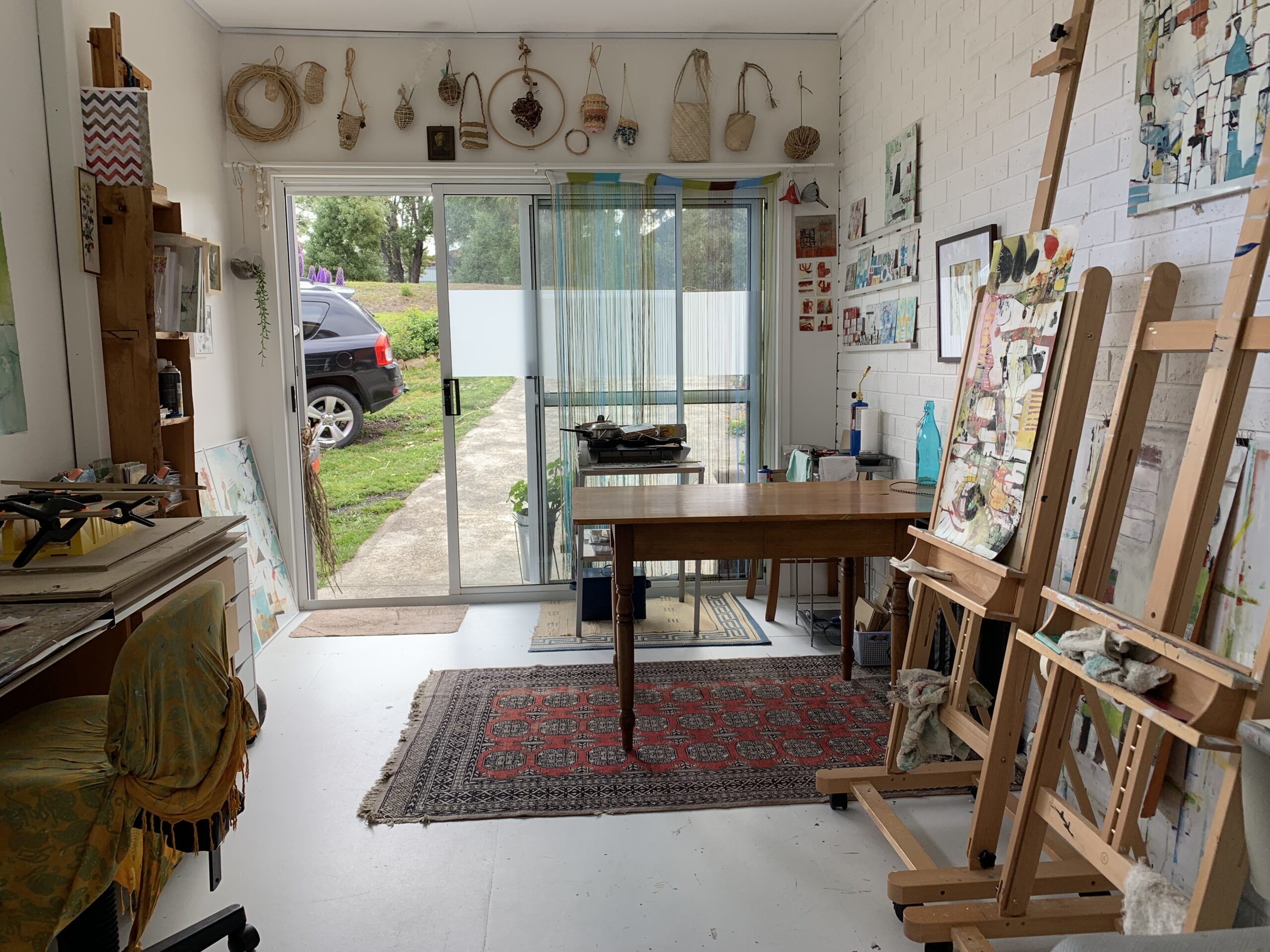 Image is of a behind the scenes of an art studio for the Artist Profile of Linda Van Bemmelen with Art Trails Tasmania
