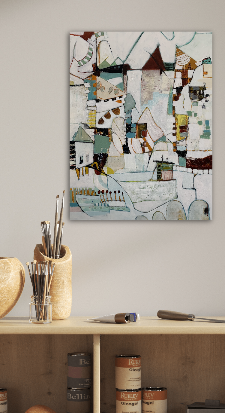 Image is of an abstract painting showing architecture in muted tones of cream, blue and browns for the Artist Profile of Linda Van Bemmelen with Art Trails Tasmania