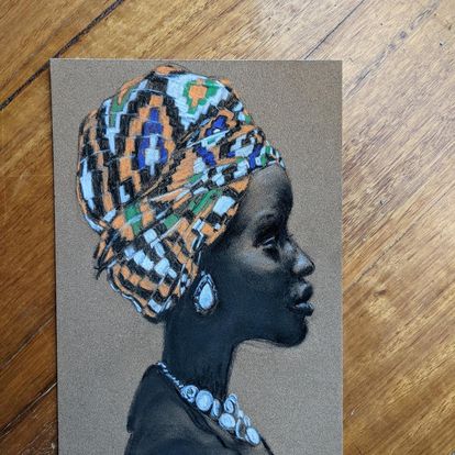 The image shows a pastel rendered image of a portrait of a very beautiful African lady by Dianne Horvath Art Trails Tasmania