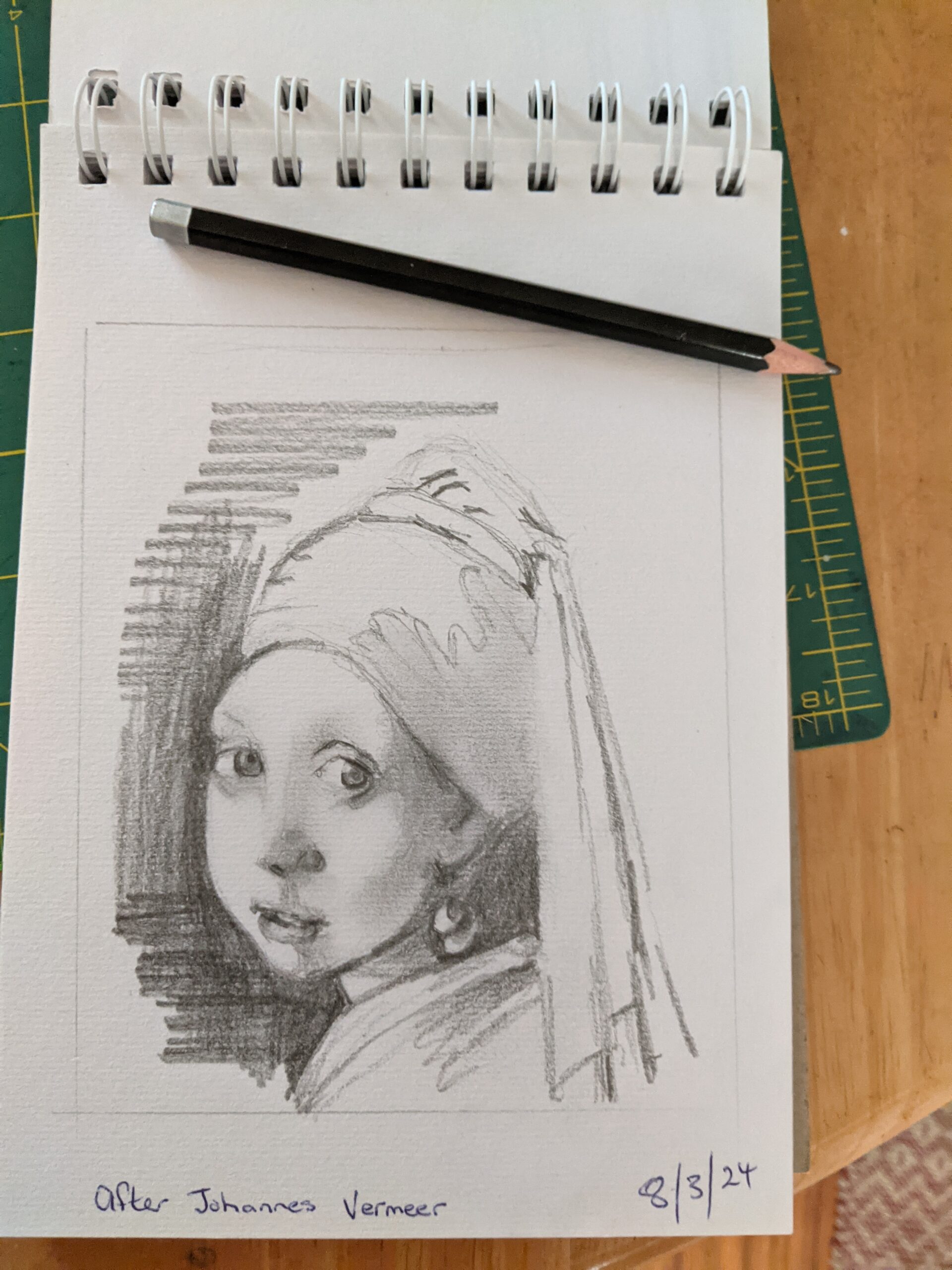 The image shows a pastel rendered image of the girl with the pearl earring on a sketch pad by Dianne Horvath Art Trails Tasmania