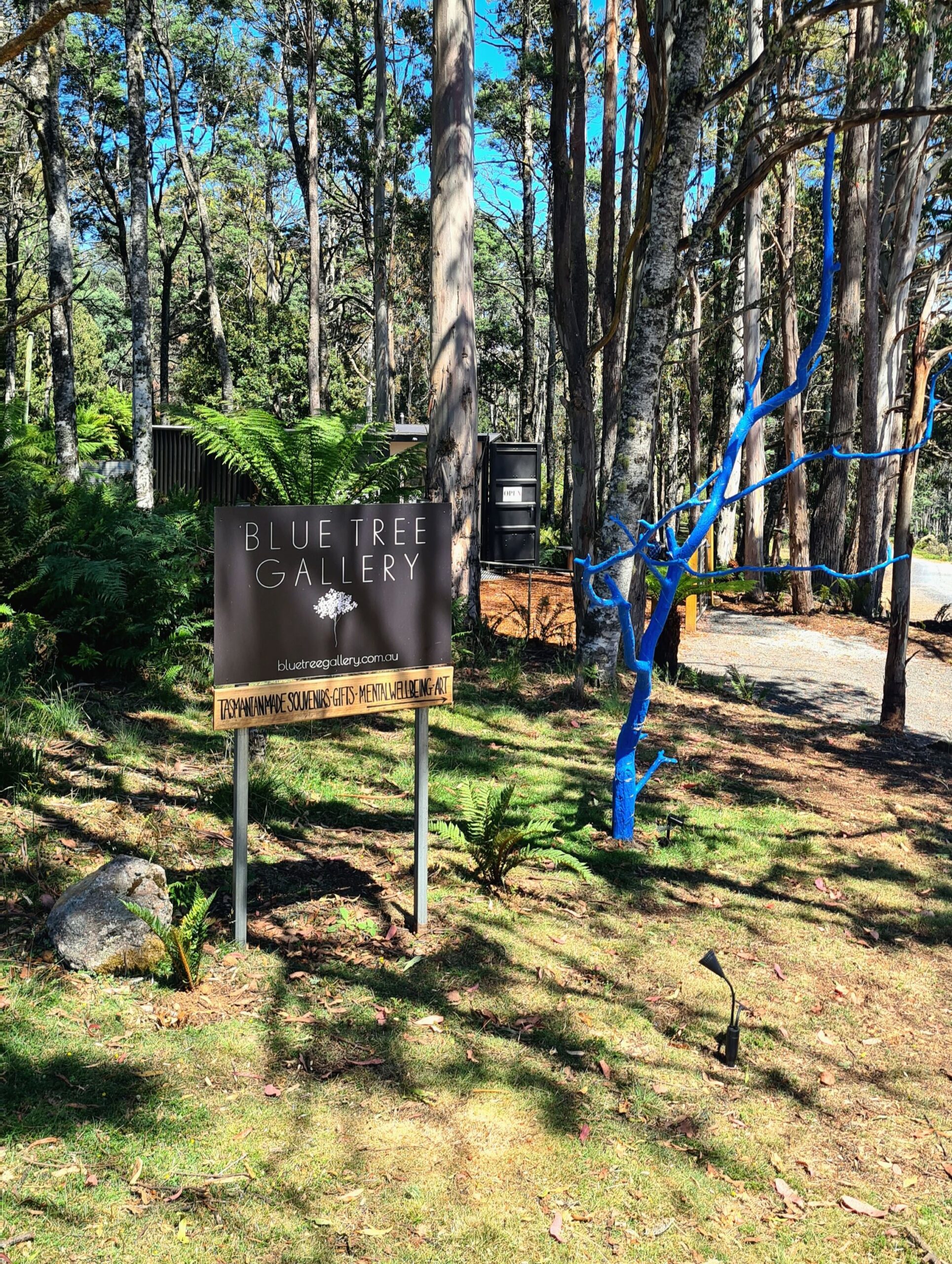 Image shows the sign for the studio in the bush made from a shipping container for the Gallery Profile Art Meets Healing at the Blue Tree Gallery Art Trails Tasmania