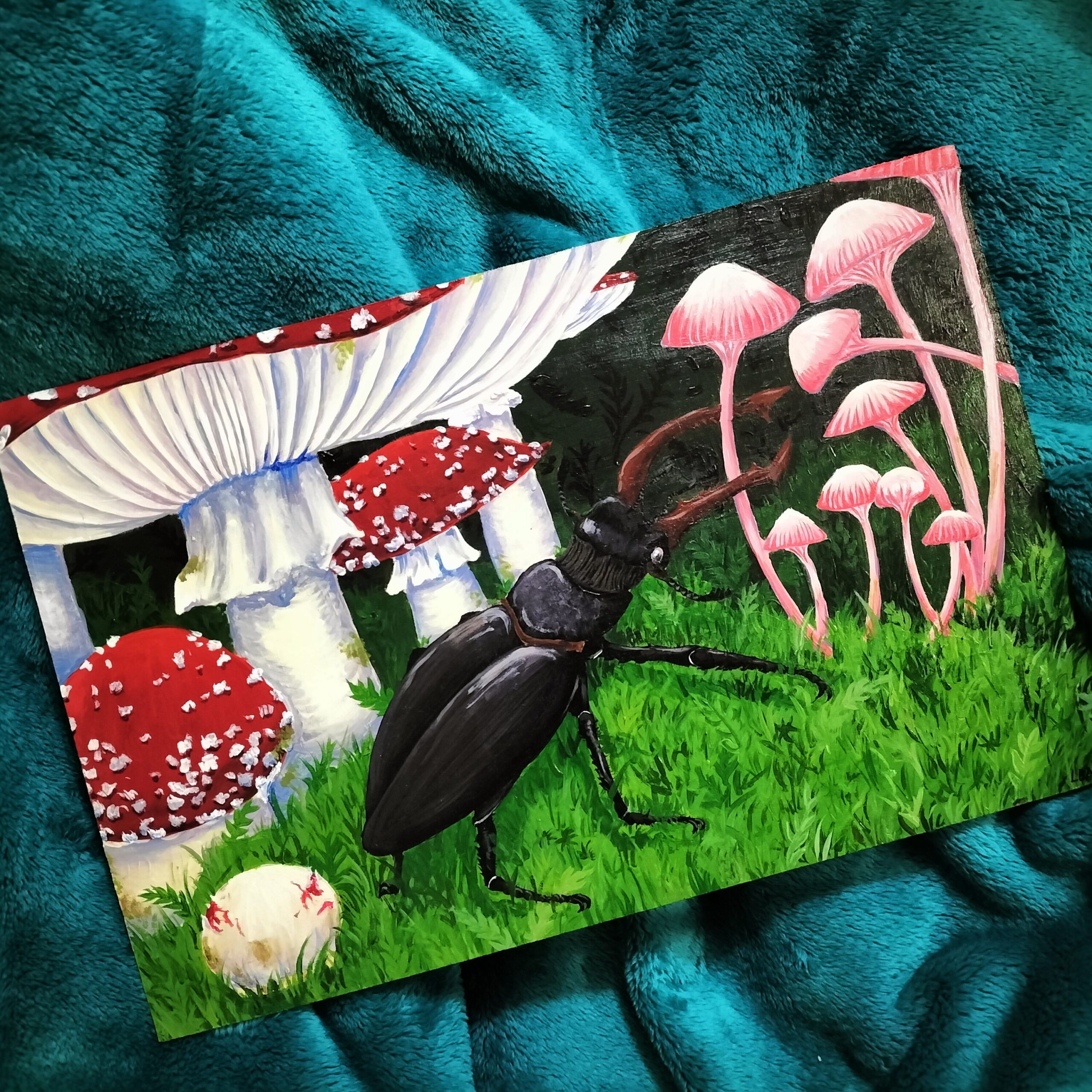 Image shows a mushroom and beetle for the Artist Profile Crafting Magical Worlds and Nature's Wonders with Laurinda Brooker Art Trails Tasmania