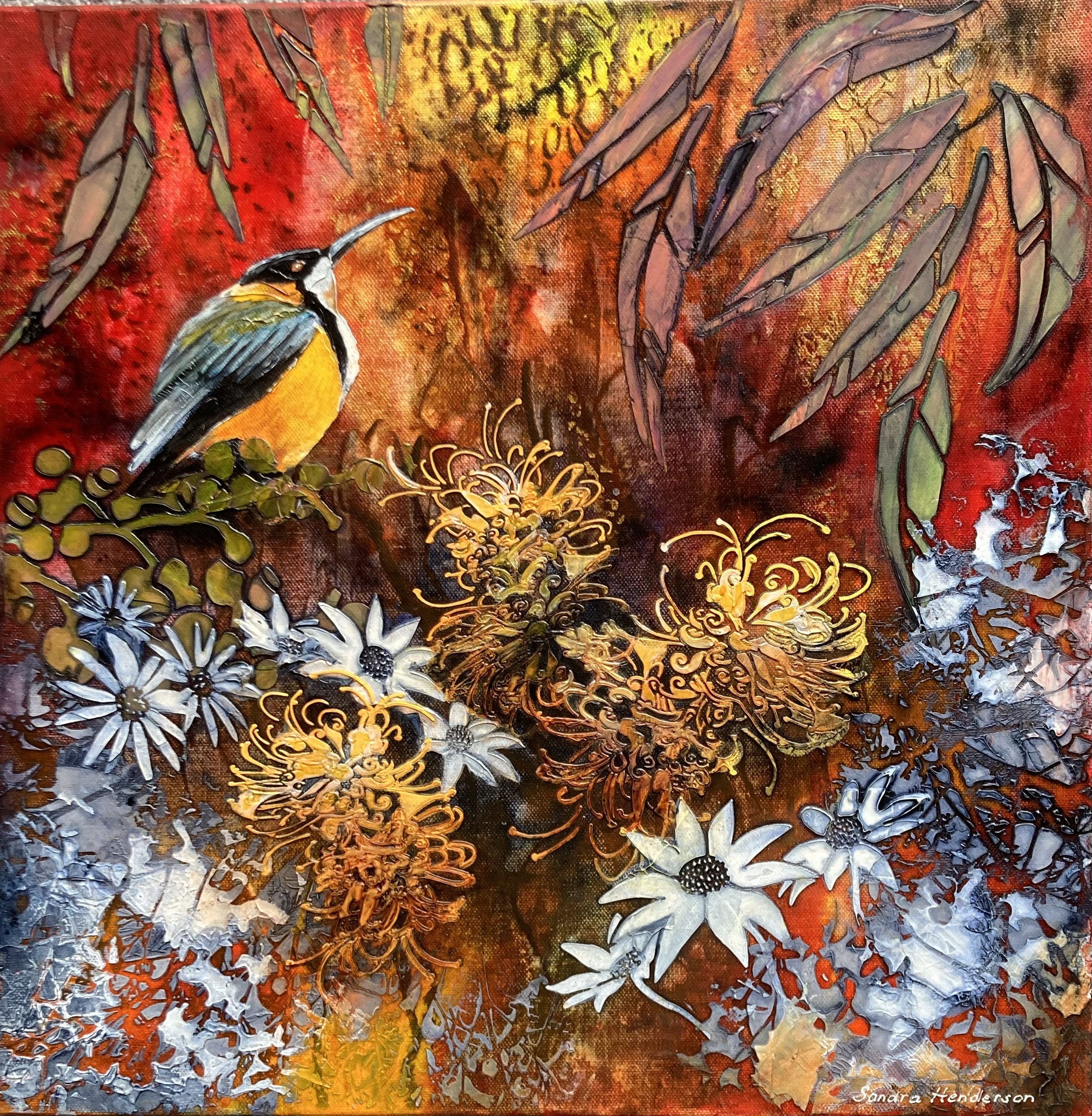 Image shows a mixed media painting in autumn tones showing flannel flowers, proteas, an eastern spine bill bird for the Exhibition news Scottsdale art gallery cafe Showcases the Vibrant Autumn Exhibition Art Trails Tasmania
