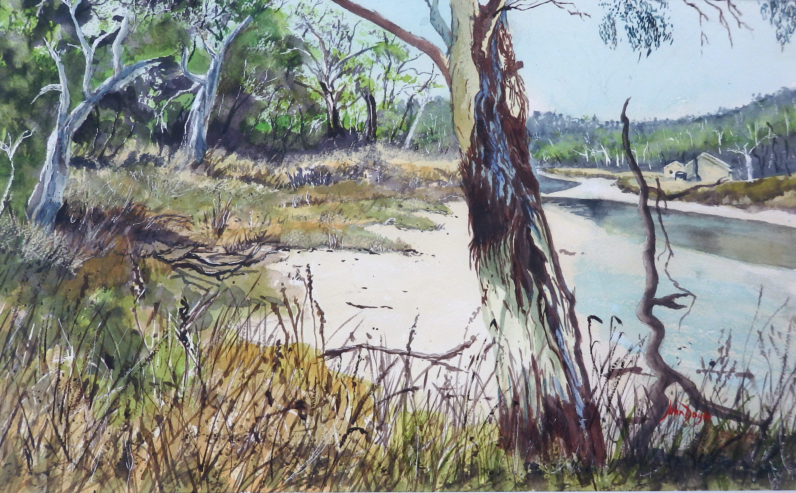 Image shows a river landscape painting scene for the Exhibition news Scottsdale art gallery cafe Showcases the Vibrant Autumn Exhibition Art Trails Tasmania