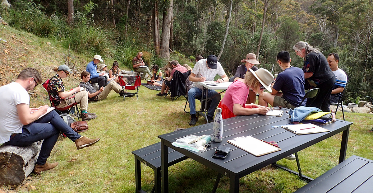 Image participants outside working on botanical illustrations for the Nature Journal Retreat Discover Botanical and Nature Journaling with Tanya Scharaschkin Art Trails Tasmania
