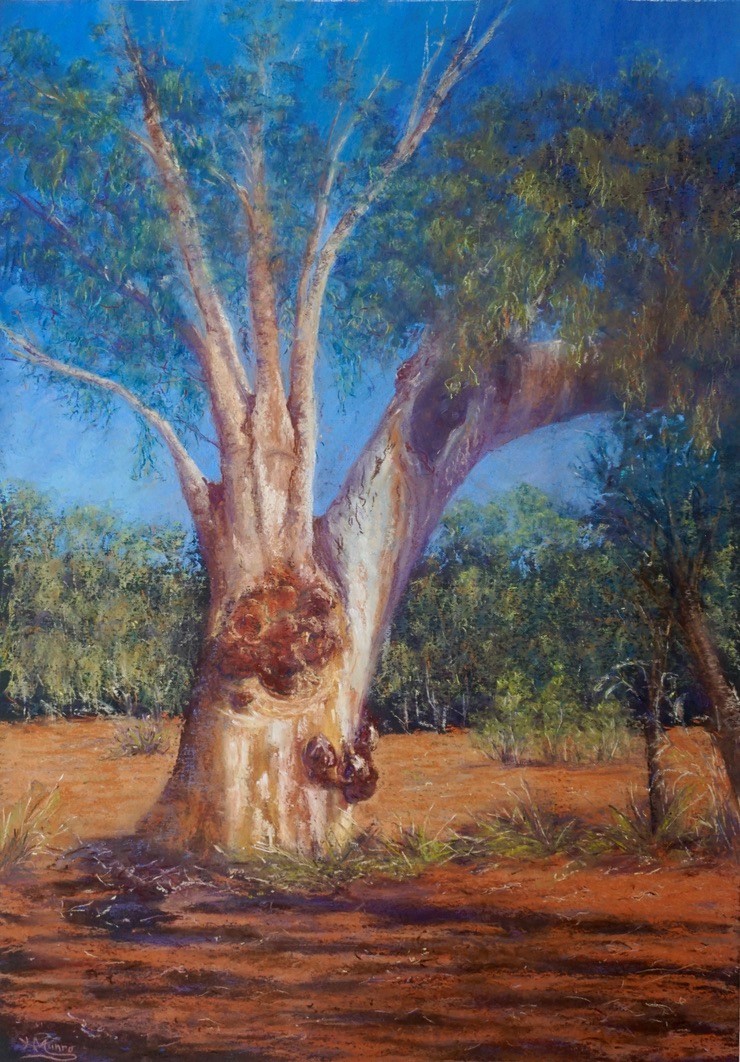 Image shows a landscape painting by Helen Munro at the Scottsdale Art Gallery Cafe for their Gallery Profile story with Art Trails Tasmania as part of their Artists Ensemble membership