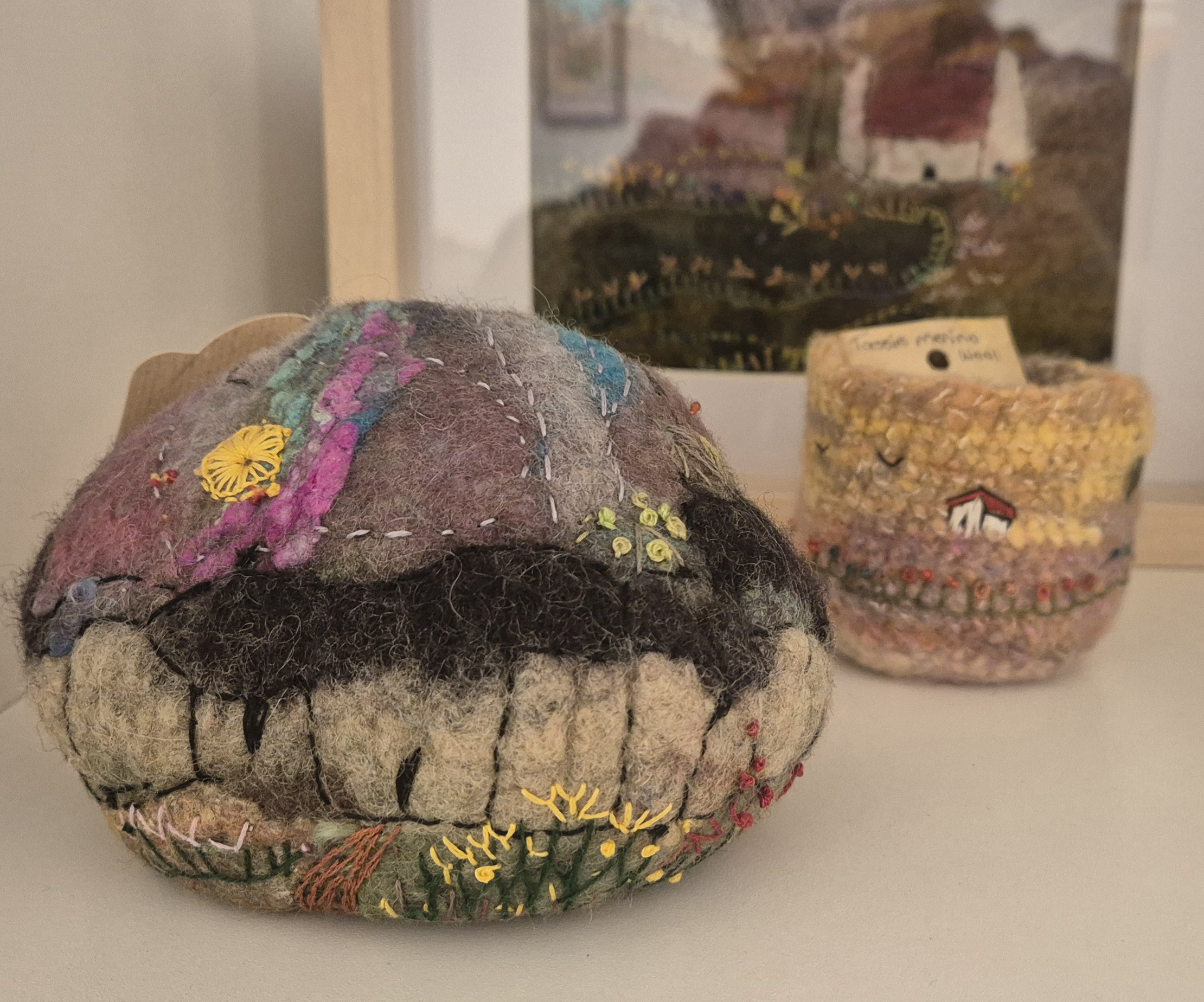 Images shows a textile artist pot for sale for the Gallery Profile story Discover Local talent, vibrant spaces and community connection at the Sheffield Art Gallery Art Trails Tasmania for the Artists Ensemble membership