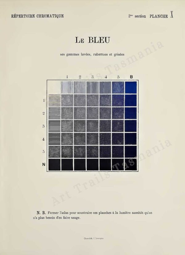 This image shows a vintage French illustration of a blue colour diagram as part of a treatise on colour theory and is for the Art Trails Tasmania digital print shop