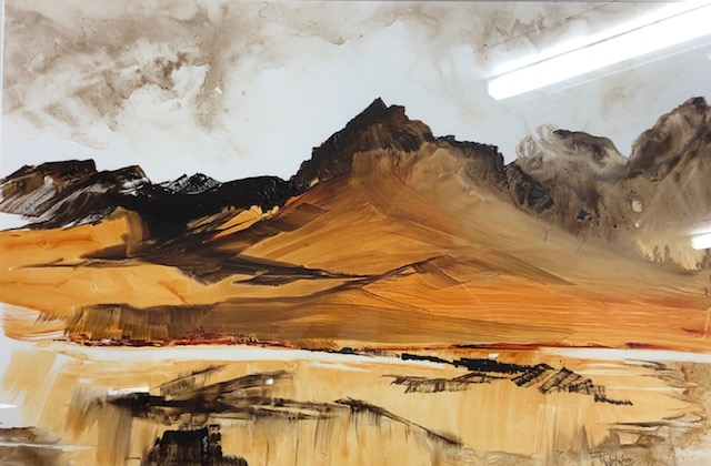 Image is of an abstract landscape painting for the Art Society Profile Join the Launceston Art Society's Journey Through Education, Workshops and Exhibitions Art Trails Tasmania