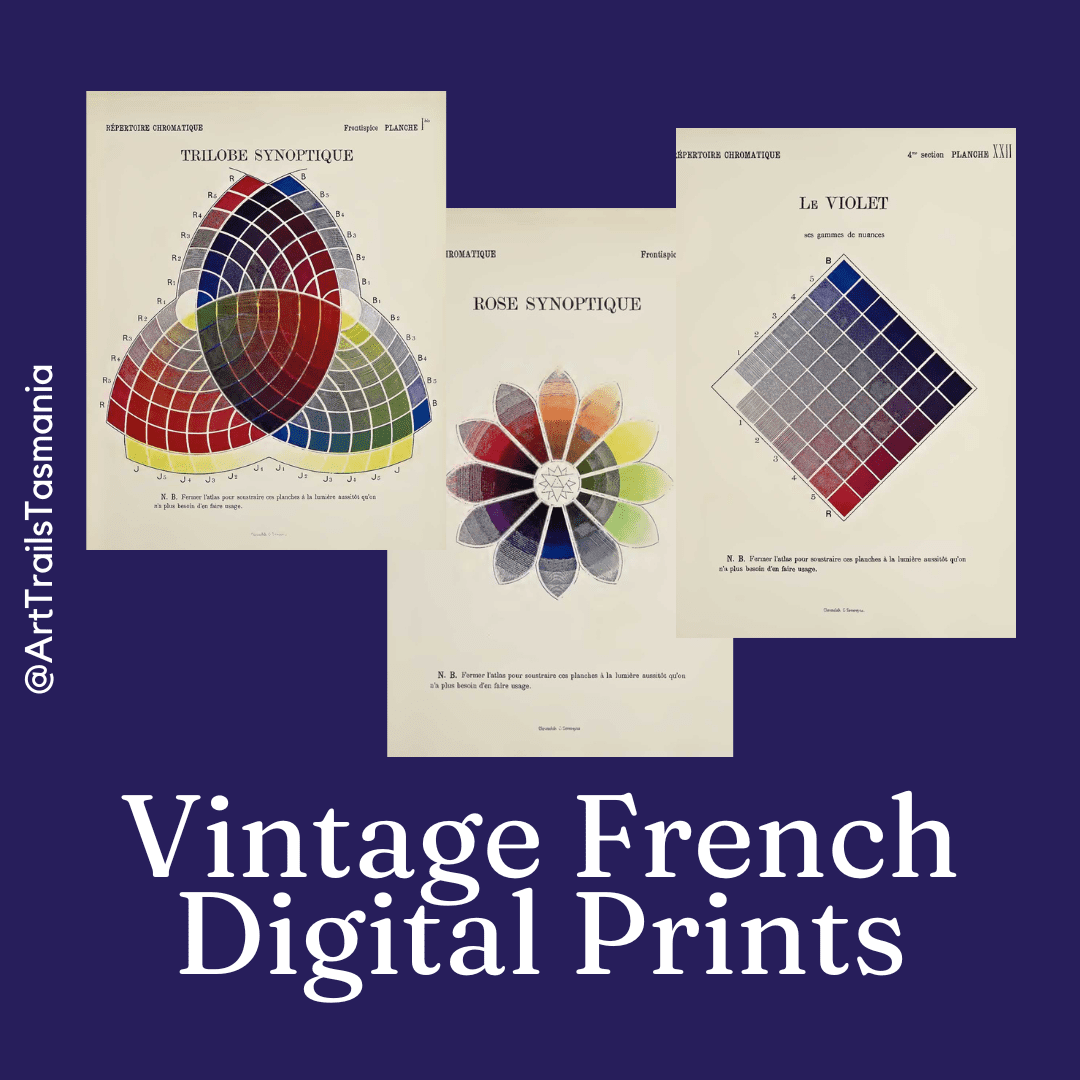 This image has a background of a solid colour of deep purple with three images showing vintage French prints of colour theory concepts with the text reading Vintage French Digital Prints Art Trails Tasmania and it is linked to the digital download product online shop