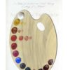 This image shows a vintage illustration of an artist's kidney palette with 19 colours in oil paint and is for the Art Trails Tasmania digital print shop