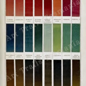 Image shows a vintage print of Winsor and Newton Oil Paint colour chart with reds to greens to browns and is part of the Art Trails Tasmania digital print range