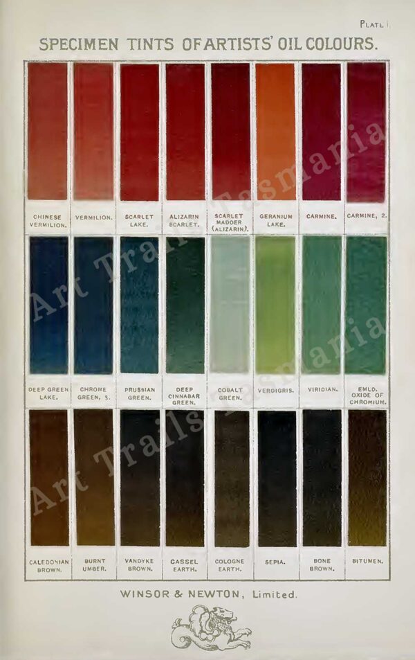 Image shows a vintage print of Winsor and Newton Oil Paint colour chart with reds to greens to browns and is part of the Art Trails Tasmania digital print range