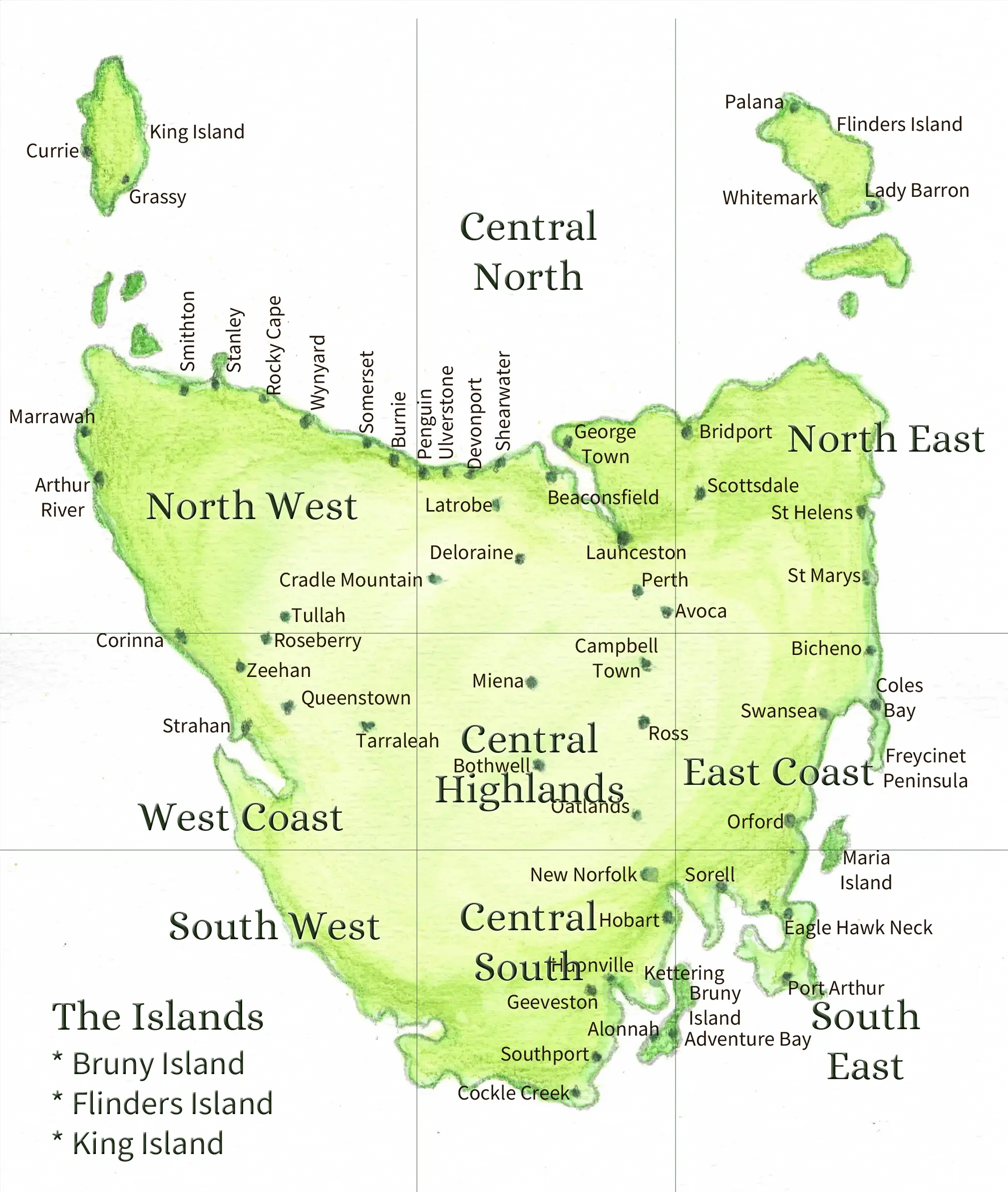 Easy to navigation regions of Tasmania to discover Art Trails Tasmania members and events