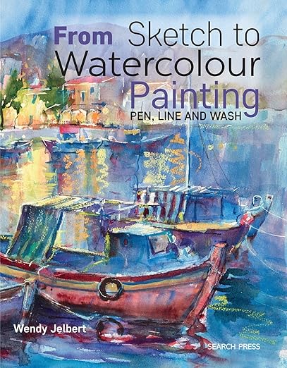 Image shows the book cover design of a harbour for From Sketch to Watercolour Painting by Wendy Jelbert Art Trails Tasmania Book Reviews
