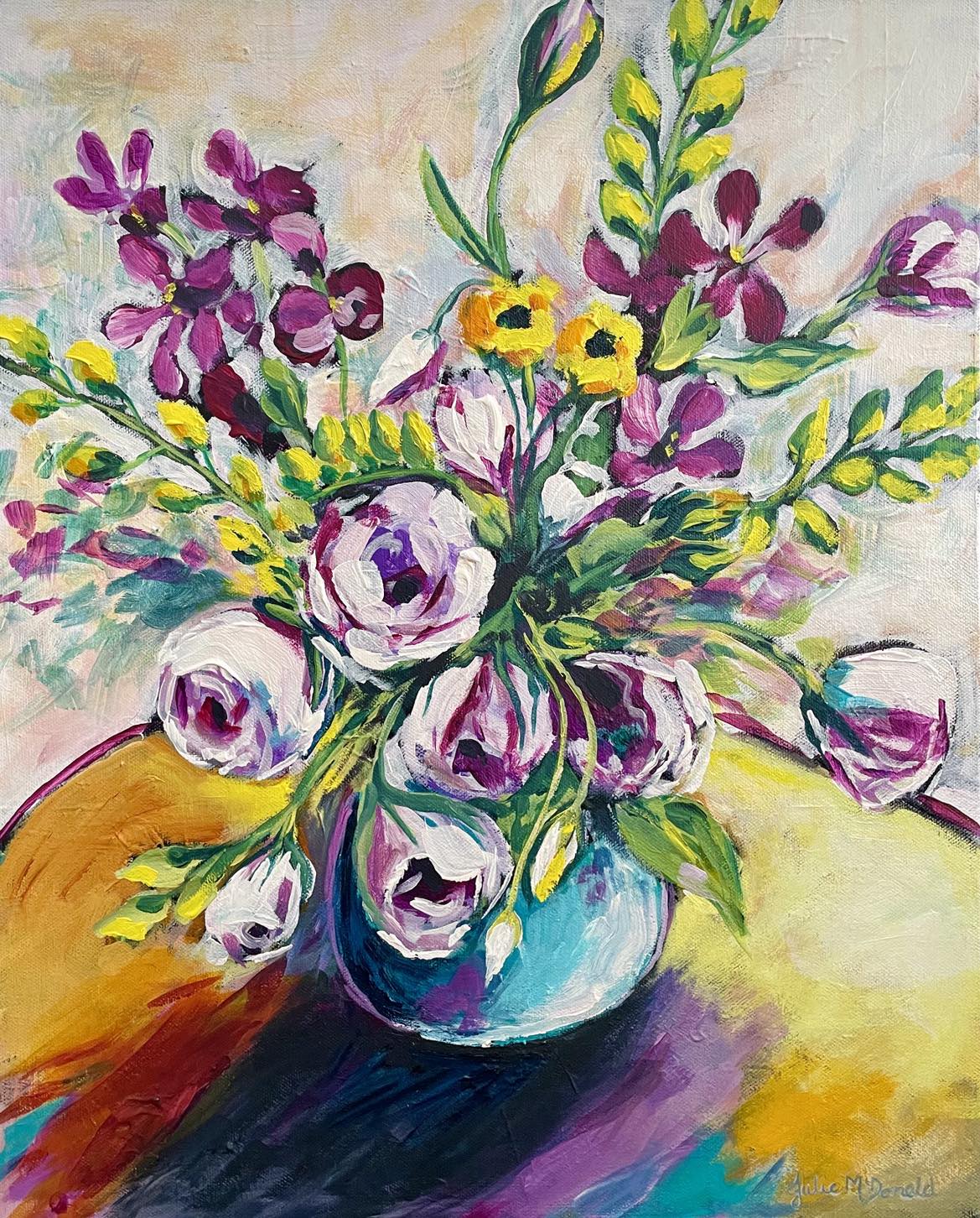 Image shows a value of purple and yellow flowers for the Artist Profile Sharing Stories and Connections Through Bold Colours and Mark-Making with Julie McDonald Art Trails Tasmania