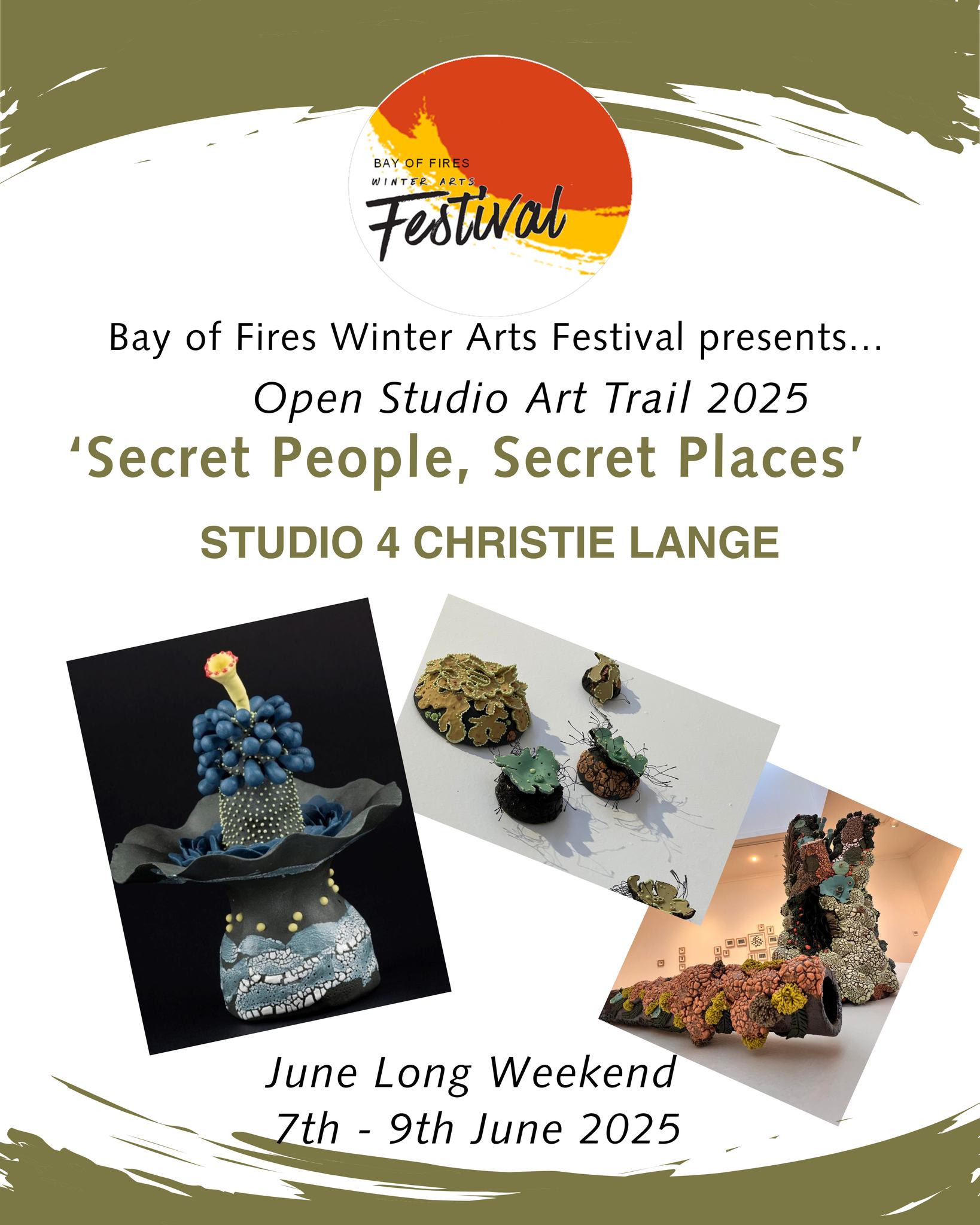Bay-of-Fires-Winter-Arts-Secret-People-Secret-Places-1 Open Studio Event News Art Trails Tasmania Explore your creativity Image shows an art exhibition for the text reading Exhibition Call Out Exhibit in 2025! Announcing the Creative George Town Exhibition Call Out story with Art Trails Tasmania Explore your creativity
