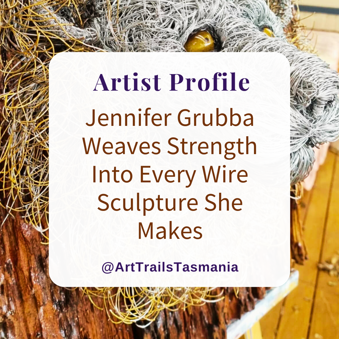 Jennifer Grubba Weaves Strength Into Every Wire Sculpture She Makes Artist Profile with Art Trails Tasmania Explore your Creativity Image shows a background of tangle art in black ink and earthy brown with the text reading Gallery Profile Two decades of art, creativity and community at the Scottsdale Art Gallery Cafe Art Trails Tasmania as part of the Artists Ensemble membership