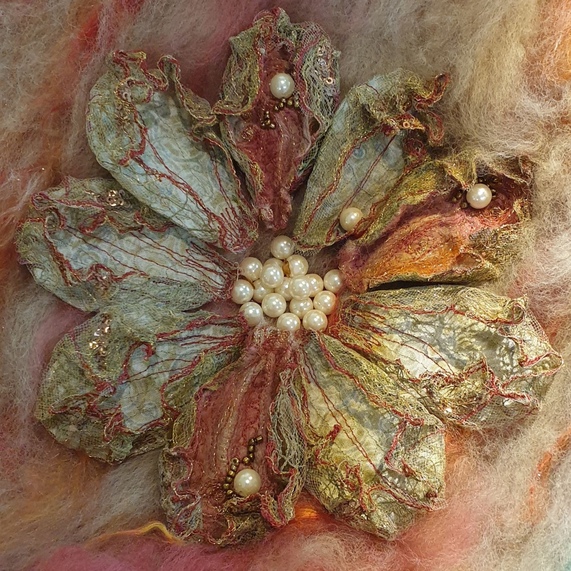 Brooch-Flower-5- Art Exhibition Stitching Stories of Colour, Texture and Beauty with Cindy Thompson Event News Art Trails Tasmania Explore Your Creativity