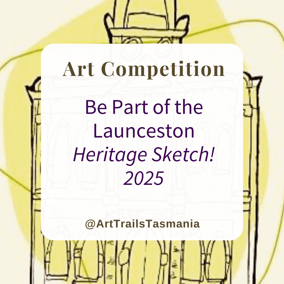 Image shows a background of a landscape painting of last light in the bush with the text reading Exhibition News Unveiling Imagine The Launceston Art Society's Premier Exhibition Art Trails Tasmania