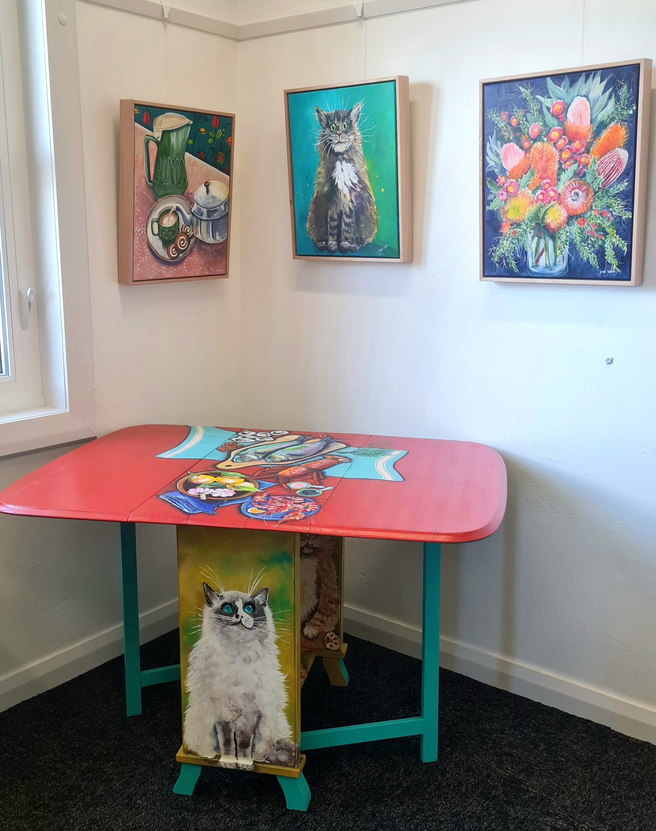 Image shows Julie McDonald for her Artist Profile Sharing Stories and Connections Through Bold Colours and Mark-Making with Julie McDonald Art Trails Tasmania