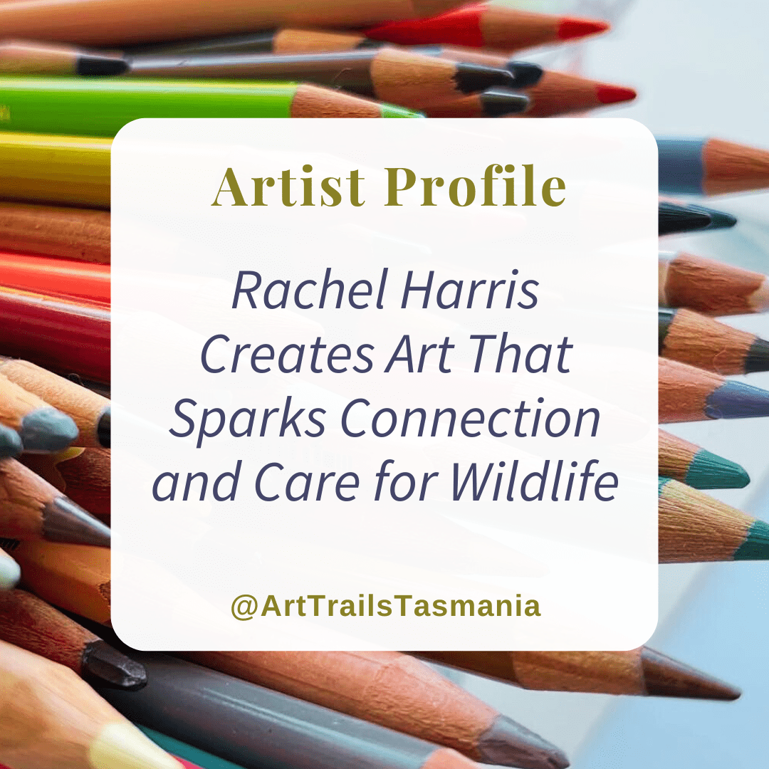 Rachel Harris Creates Art That Sparks Connection and Care for Wildlife in her Artist Profile story with Art Trails Tasmania Explore your creativity Image shows a background of a verdant landscape with rolling green hills, blue sky with passing clouds with the text reading Artist Profile Sharing Stories and Connections Through Bold Colours and Mark-Making with Julie McDonald Art Trails Tasmania