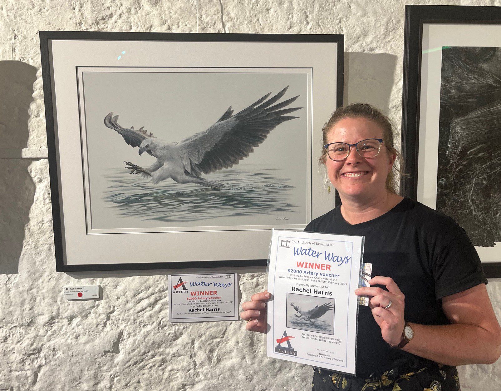 white-bellied-sea-eagle-peoples-choice-Rachel-Harris-Art Artist Profile story with Art Trails Tasmania Explore your creativity Image shows Julie McDonald for her Artist Profile Sharing Stories and Connections Through Bold Colours and Mark-Making with Julie McDonald Art Trails Tasmania