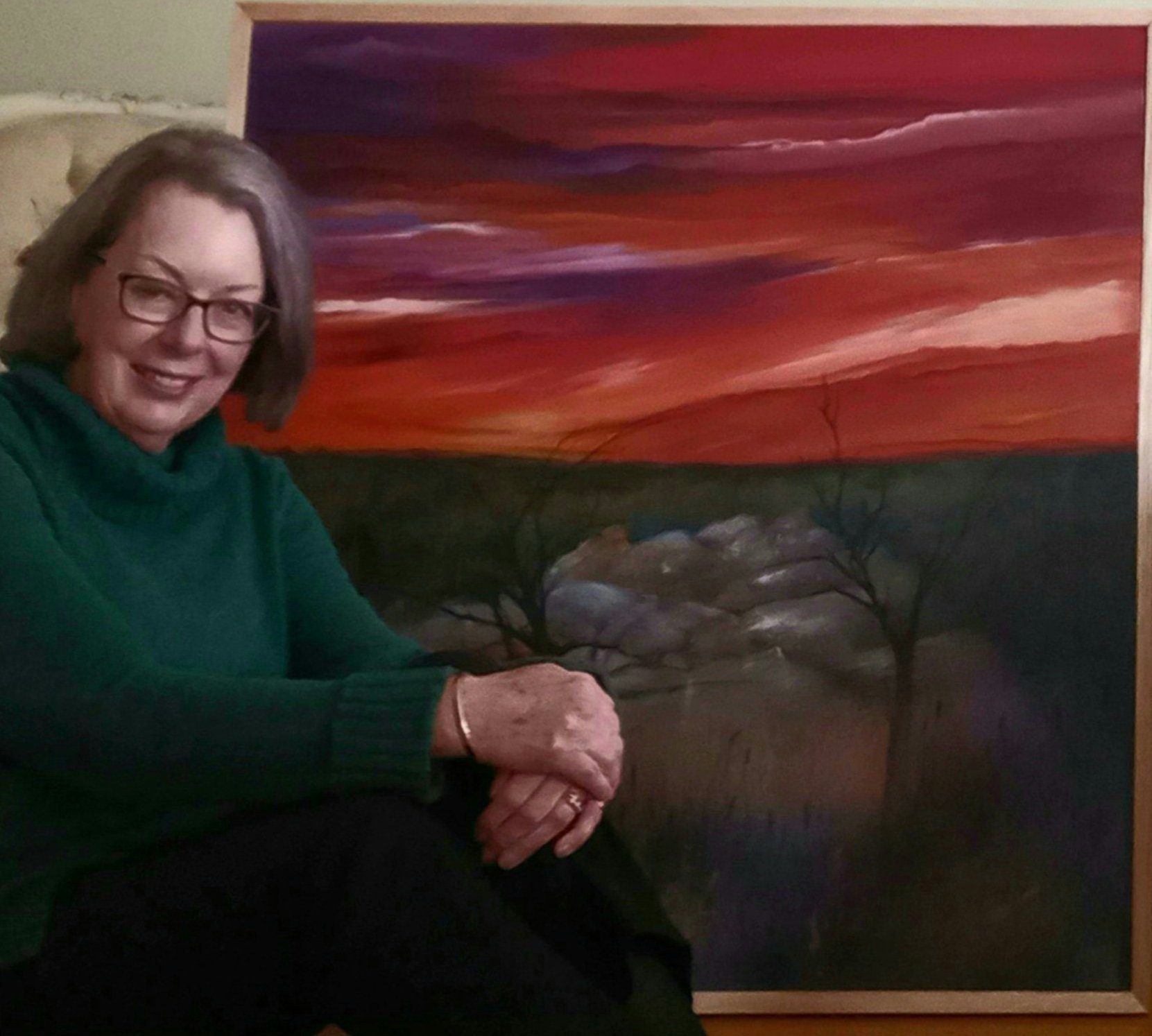 Image shows Julie McDonald for her Artist Profile Sharing Stories and Connections Through Bold Colours and Mark-Making with Julie McDonald Art Trails Tasmania