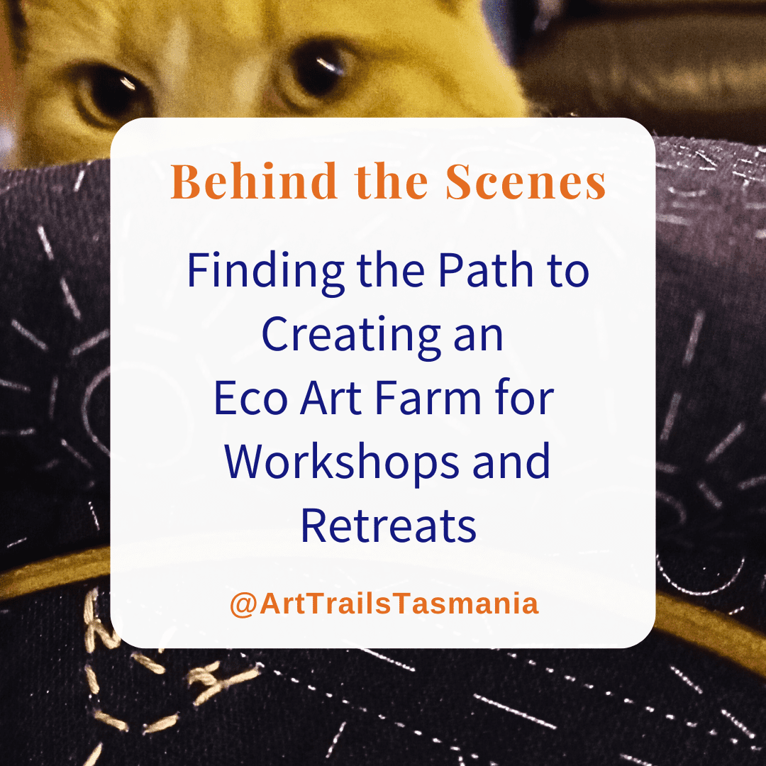 Image has a background of a textile art design with the text reading Workshop Beyond Print with Stitch with Gaye Nieuwenhof by Stitching and Beyond Art Trails Tasmania